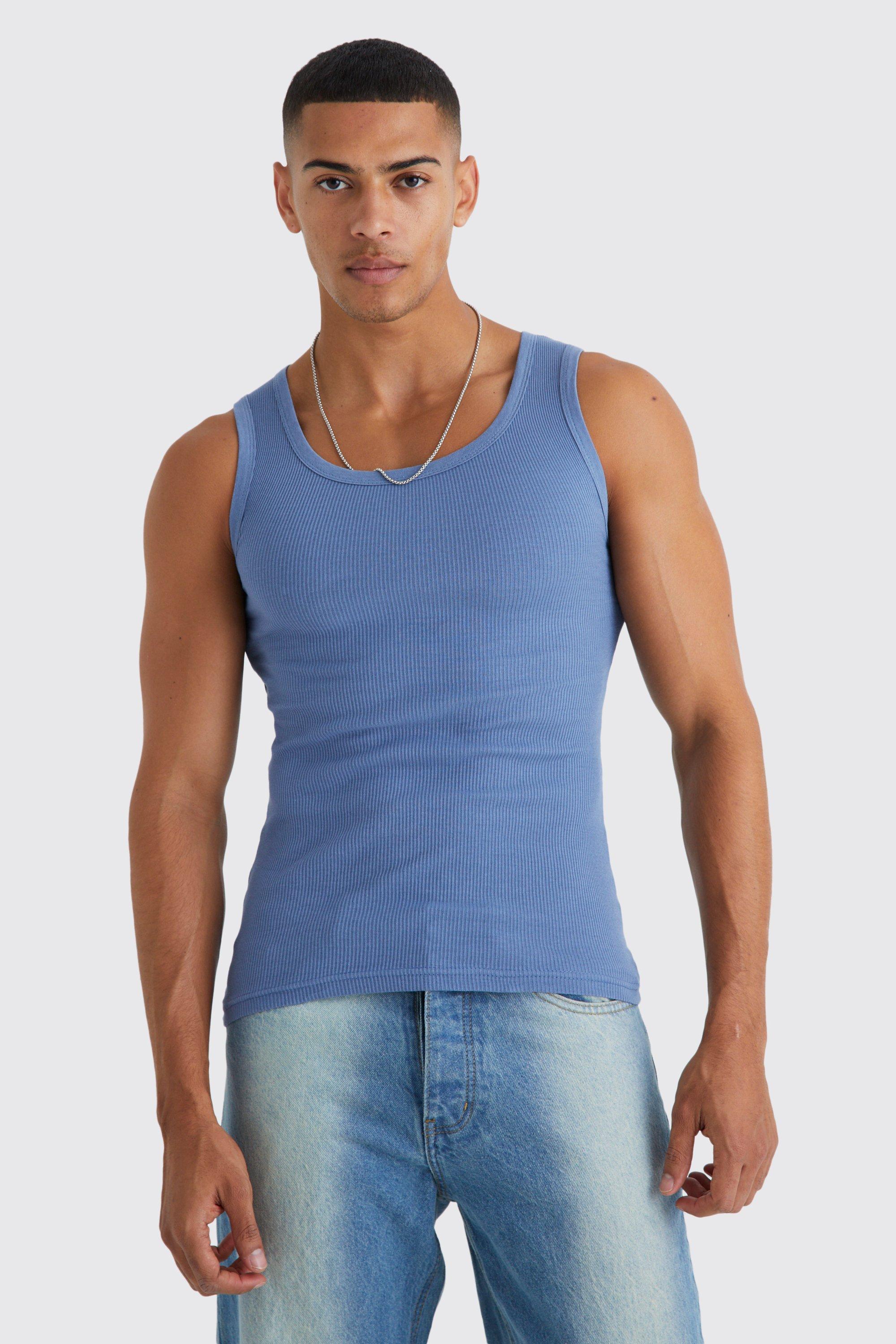 Mens Blue Ribbed Muscle Fit Vest, Blue